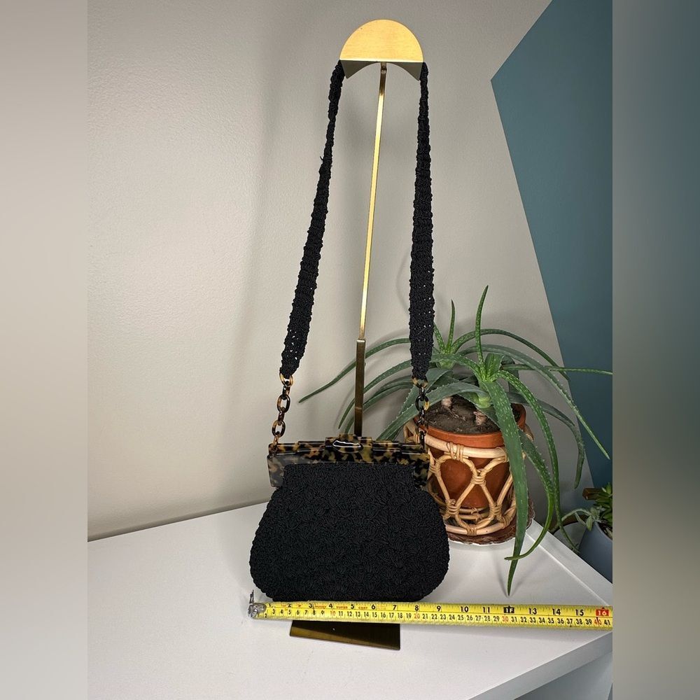 Vintage Marilyn Pivnick Black Knit Handbag Tortoise Lucite Frame & Coin Purse - Picture 12 of 14